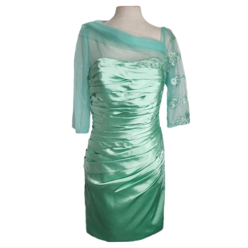 Dress Ruched Satin Sequins Floral Applique Green Satin Dress Size 16